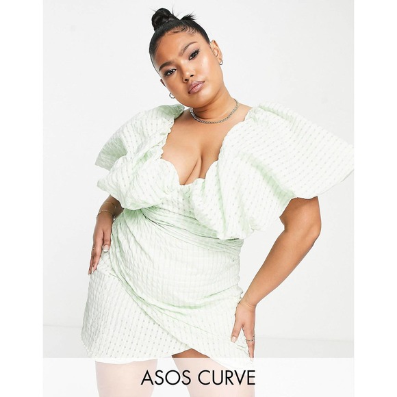 ASOS LUXE Curve Bubble Bardot Wrap Mini Dress in Green Gingham - Picture 4 of 10